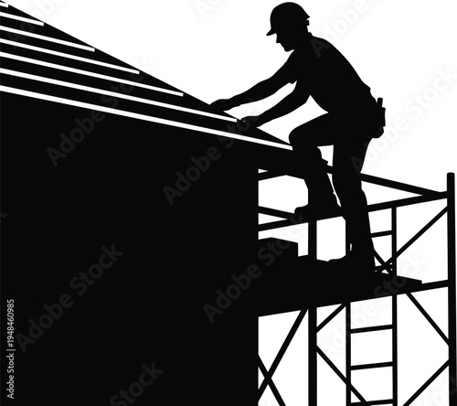 Construction worker silhouette working on roof with scaffolding