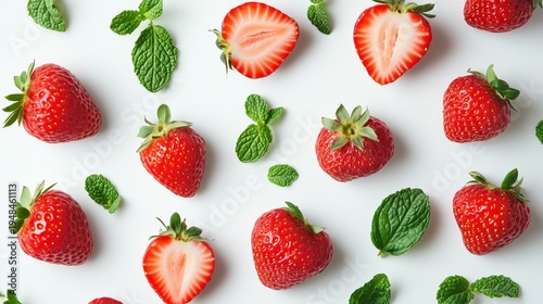 Fresh Strawberries and Mint Leaves on a White Surface Arranged in a Simple Pa...