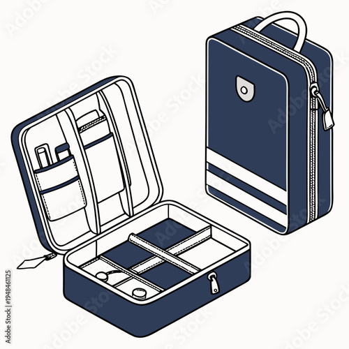 Open and closed blue travel makeup case with compartments blue makeup case travel case