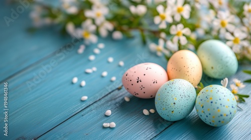 Colorful Easter Eggs Sit on Wooden Table With Flowers in Spring Sunlight