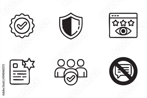 Outline icons for safety and trust showing shield check mark group of people and review monitoring
