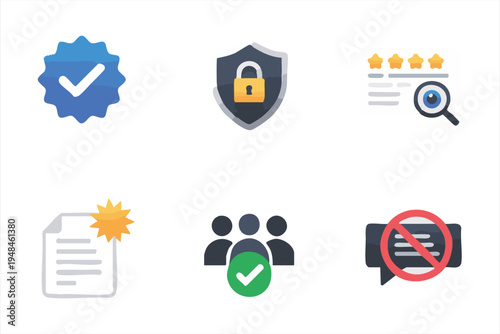Colorful flat design icons for verification and security features including shield and green check
