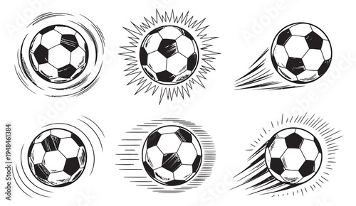 Sketched soccer ball icons vector set, football with motion lines illustration, sports game symbols, isolated on white background