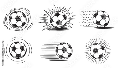 Sketched soccer ball vector icons set, motion line football illustration, sports game symbols, isolated on white background design