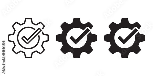 Gear check mark icon set, cogwheel with checkmark vector illustration for quality control