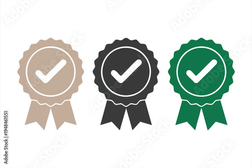 Ribbon check mark icon set, award badge with checkmark vector for guarantee and quality