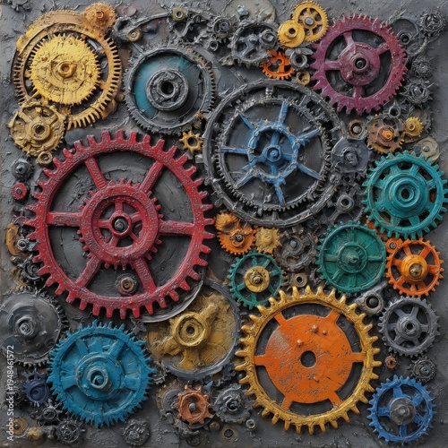 Cogs and Gears Arranged in Different Colors on a Textured Surface