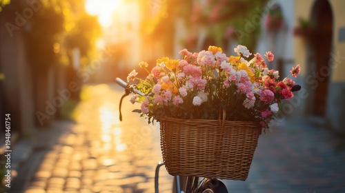 Bicycle With Flowers in Basket Parked Along Cobblestone Street During Sunset ...