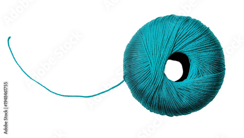 Photos Vibrant turquoise yarn ball with a single unraveling strand, perfectly isolated