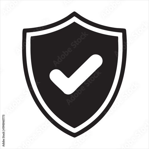 Black and white vector icon of a shield with a white checkmark symbol