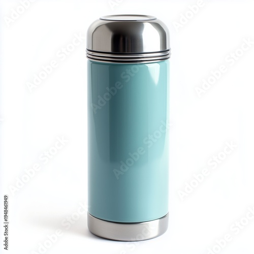 Insulated Thermos Bottle on White Background With Shiny Metal Lid and Blue Ex...