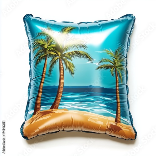 Colorful Pillow With Palm Trees and Beach Design on a White Background