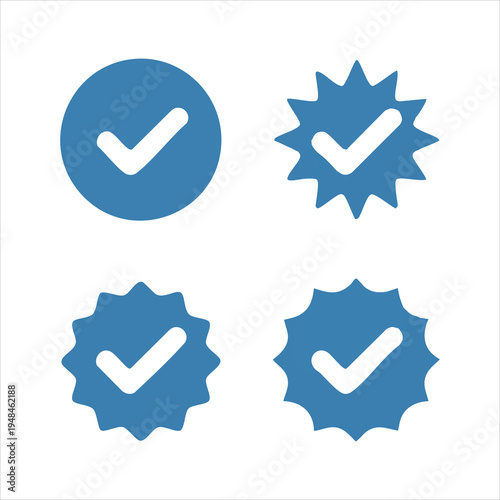 Blue verified badge icons circle and star shapes with check mark, social media approval