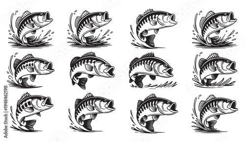 Jumping fish silhouette vector set, marine life icons collection, aquatic animal illustration, isolated vector symbols on white background