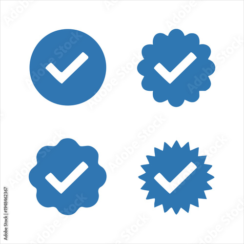 Collection of blue verified badges, check mark symbols in various decorative forms