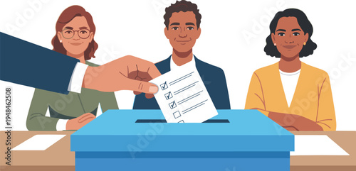 Illustration of diverse people casting ballots in democratic election, voting process, polling station, civic participation, and election day concept flat vector illustration