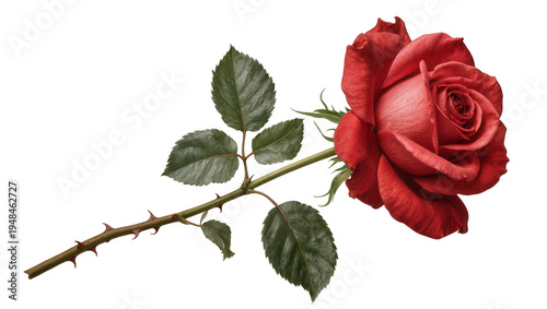 Canvas Print Stunning vibrant red rose with a long thorny stem and green leaves, isolated on