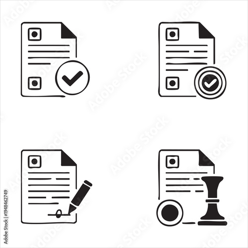 Set of document and contract icons showing various states like checked, signed, and official