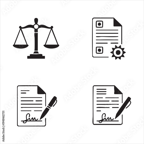 Collection of legal and contract icons featuring justice scales, signed documents, and stamps