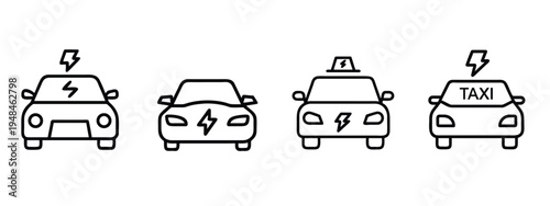 Electric car and taxi line icon featuring eco friendly vehicle charging, sustainable transport automobile energy power more vector illustration or editable stroke.