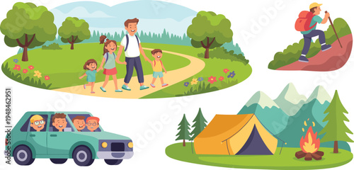Happy family hiking camping adventure with kids, outdoor nature walk, mountain climbing, road trip, tent camping, and campfire scene. flat vector illustration