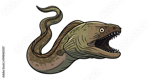Ferocious moray eel with its mouth wide open, showcasing sharp teeth and intimidating gaze, a predatory marine creature of coral reefs.