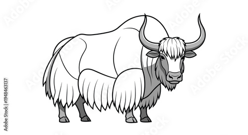 Powerful black and white illustration of a yak, showcasing its shaggy coat, formidable horns, and robust physique, a mountain animal.