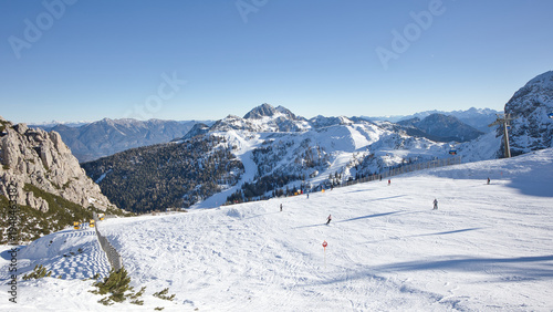 Mountains and ski slopes in the Nassfeld ski resort in Austria.