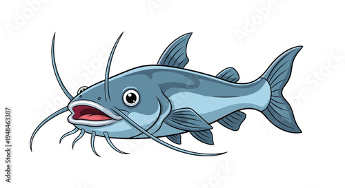 Cartoon-style catfish with prominent barbels (whiskers) and an open mouth, swimming gracefully against a simple white background, ready for adventure.