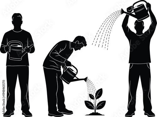 Vector silhouette set of men watering plants and flowers with watering cans for gardening, landscaping, horticulture, and nature growth concepts