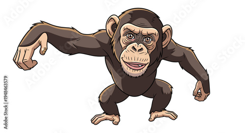 Friendly cartoon-style chimpanzee with an expressive face and outstretched arms, showcasing its playful and intelligent nature on a white background.