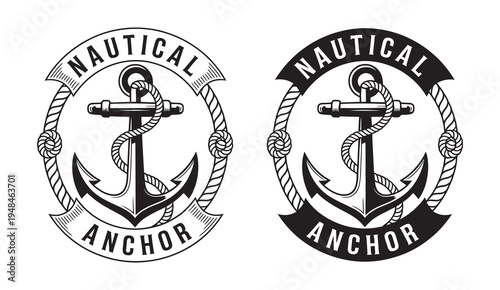 Vintage nautical anchor badge emblem, vector logo, maritime symbol, sailing and sea illustration, classic anchor design isolated on white