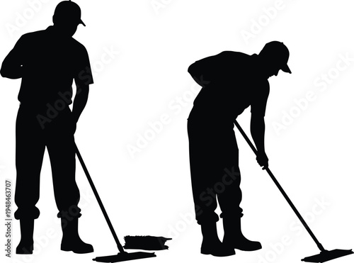 Vector silhouette of janitors and cleaning staff mopping the floor featuring men in uniforms and caps working for maintenance services