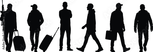 Vector silhouette set of men traveling with luggage featuring tourists walking with suitcases and businessmen carrying briefcases for travel concepts