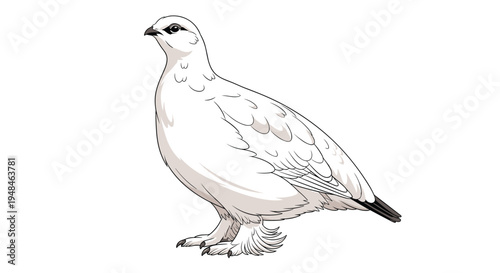 Elegant ptarmigan in its winter white plumage, blending seamlessly with snowy environments, showcasing its adaptation to cold climates.