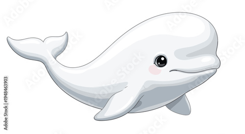 Adorable cartoon-style beluga whale with a friendly smile and big eyes, gracefully swimming in a light blue ocean, a cute marine mammal.