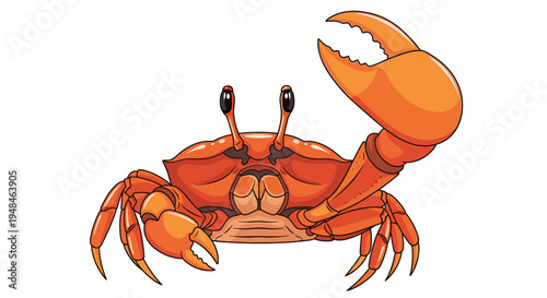 Vibrant red crab with one claw raised, showcasing its detailed exoskeleton and alert eyes, ready to scuttle across the seabed.