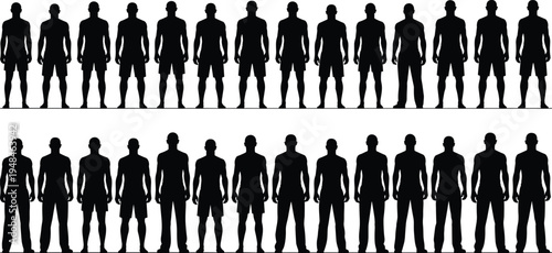 Vector silhouette of male fashion croquis set featuring front view poses of men in shorts and trousers for technical sketches