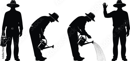 Black silhouette set of a gardener man watering plants with a watering can in different poses for gardening and agriculture.