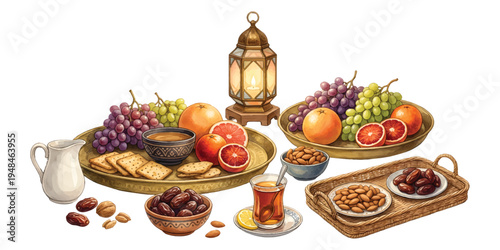 Watercolor set of Ramadan kareem, lantern, dates, nuts, tea, crackers, grapes and oranges isolated on transparent background
