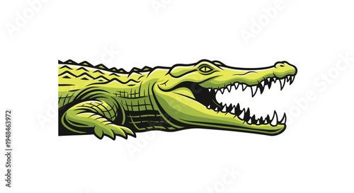 Ferocious crocodile head with its powerful jaws wide open, showcasing sharp teeth and intimidating gaze, a dangerous predator.