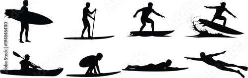 Set of water sports silhouettes featuring surfing, paddleboarding, kayaking, and diving activities for summer vacation, beach adventures, and outdoor recreation concepts.