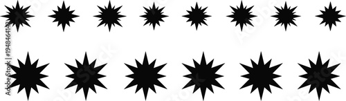 Set of black starburst silhouettes, sparkle icons, sunburst shapes, and explosion symbols for graphic design, comic style accents, and festive decorations.