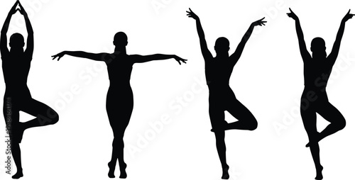 Set of graceful female silhouettes performing yoga tree poses, ballet dance movements, and meditative stretching exercises for wellness and fitness designs.