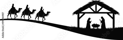 Christmas nativity scene silhouette featuring three wise men on camels traveling toward the stable with Mary Joseph and baby Jesus