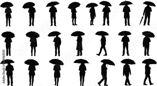 Large set of black silhouettes featuring men and women holding umbrellas, walking, and standing in the rain for urban design.