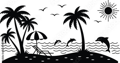 Black and white illustration of a tropical beach scene with palm trees and dolphins
