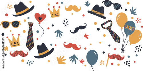 Colorful cartoon illustration of various party accessories and props for masquerade or costume events