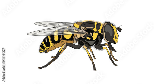 Detailed illustration of a hoverfly, showcasing its distinctive yellow and black striped body and transparent wings, mimicking a wasp.