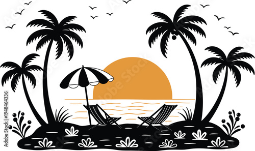 Beach scene at sunset with palm trees and lounge chairs on a rocky shore